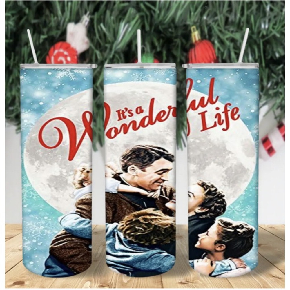 It's‎ A Wonderful Life Christmas Tumbler 20 oz Metal Hot/Cold  With Straw